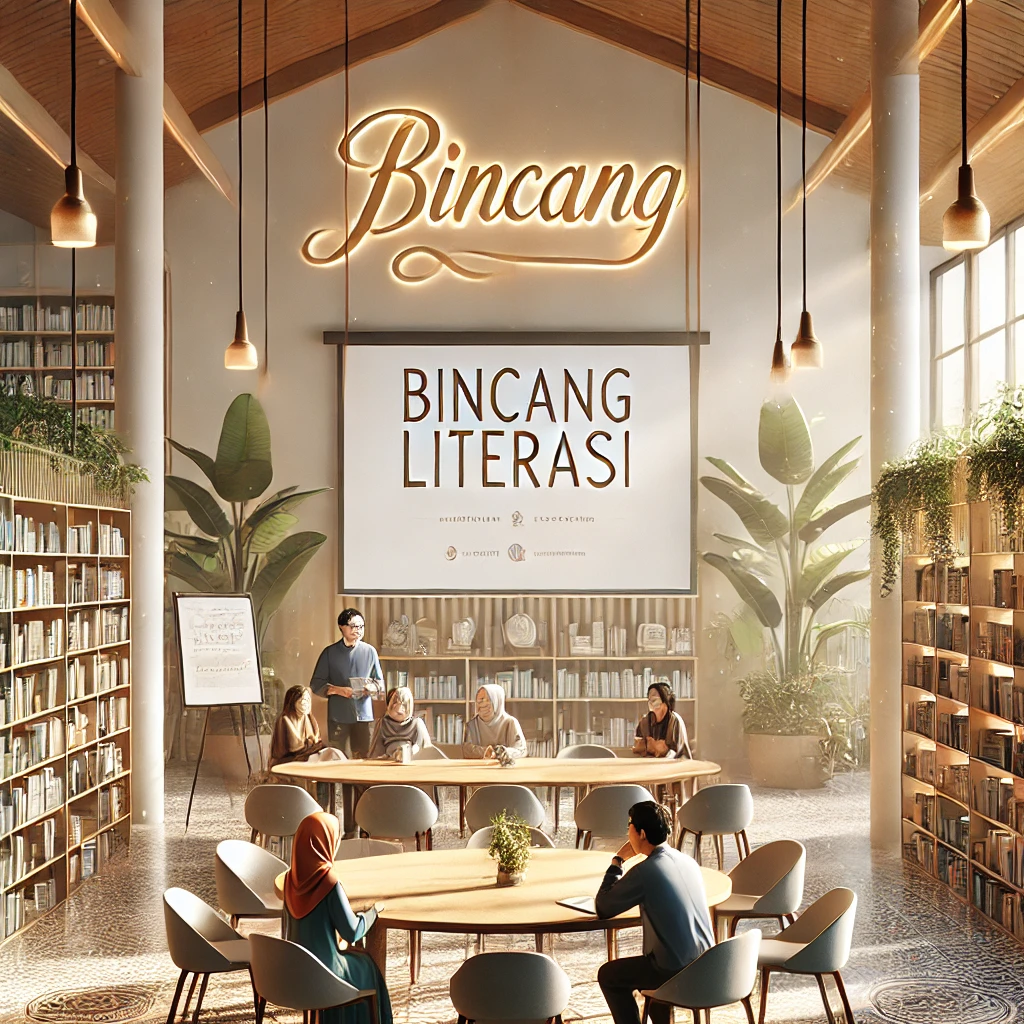 DALL·E 2024-11-02 11.54.53 - An elegant digital illustration representing a literacy program called 'Bincang Literasi'. The scene shows a calm, well-lit community library with she DALL·E 2024-11-02 11.54.53 - An elegant digital illustration representing a literacy program called 'Bincang Literasi'. The scene shows a calm, well-lit community library with she