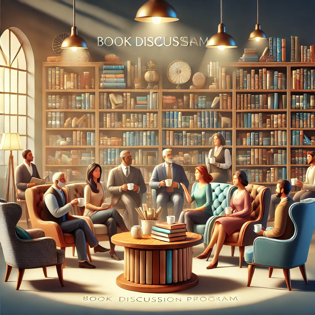 DALL·E 2024-11-02 12.00.45 - An elegant illustration representing a book discussion program. The scene features a cozy reading nook with plush chairs and a wooden coffee table sta DALL·E 2024-11-02 12.00.45 - An elegant illustration representing a book discussion program. The scene features a cozy reading nook with plush chairs and a wooden coffee table sta