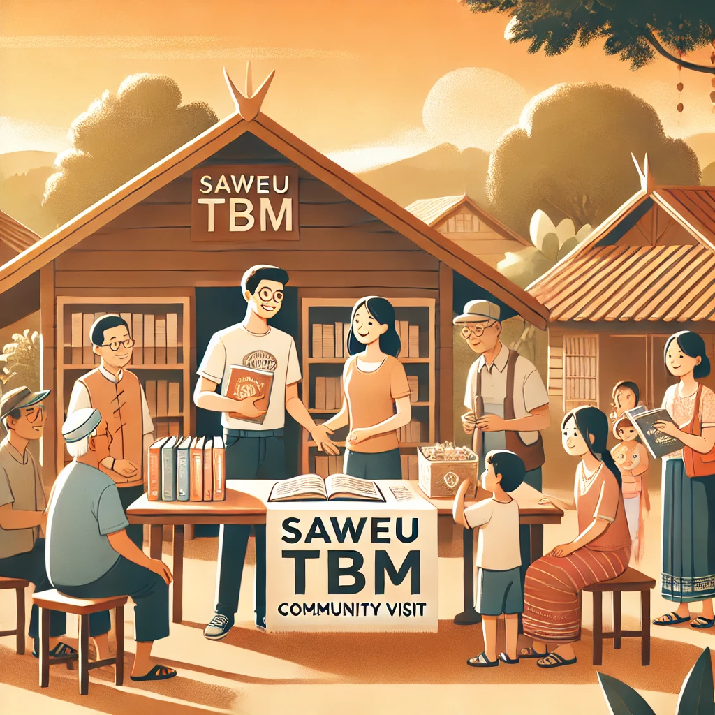 DALL·E 2024-11-03 15.35.28 - An elegant illustration representing a community visit program called Saweu TBM. The scene features a small, welcoming community space with a few volu DALL·E 2024-11-03 15.35.28 - An elegant illustration representing a community visit program called Saweu TBM. The scene features a small, welcoming community space with a few volu