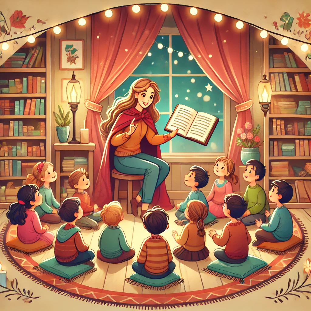 DALL·E 2024-11-03 15.36.17 - An elegant illustration representing a storytelling program. The scene features a storyteller, warmly dressed, animatedly reading a story to a group o DALL·E 2024-11-03 15.36.17 - An elegant illustration representing a storytelling program. The scene features a storyteller, warmly dressed, animatedly reading a story to a group o